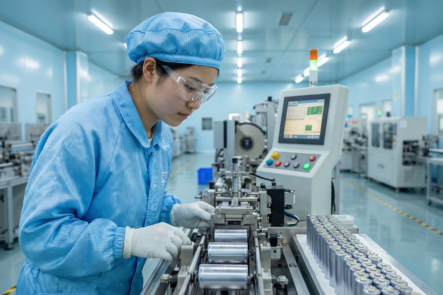 锂电池卷绕车间：中国女工在自动化卷绕机台前查看电芯半成品