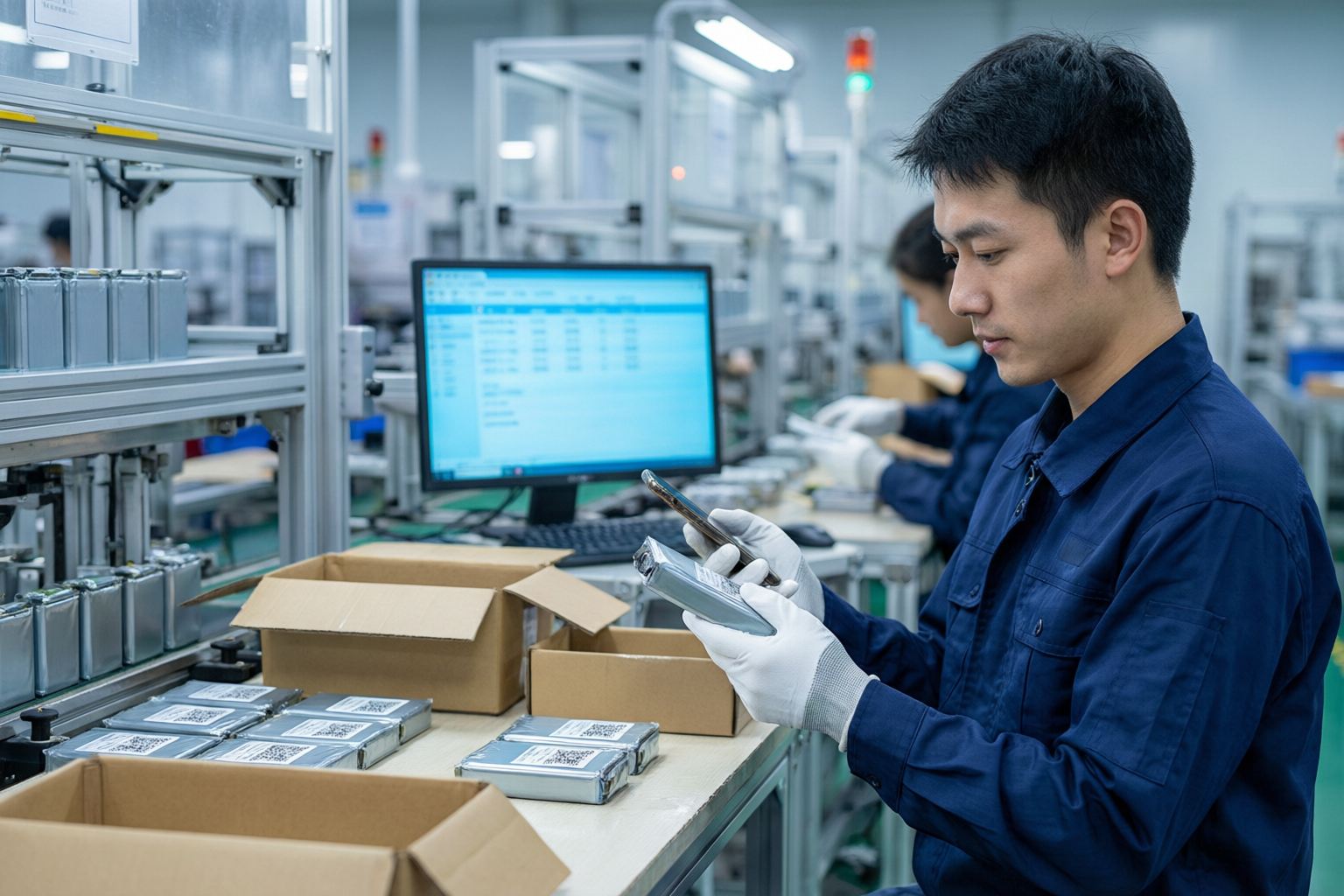 锂电池出货区：工程师用手机扫描电池 SN 码查询全生命周期档案