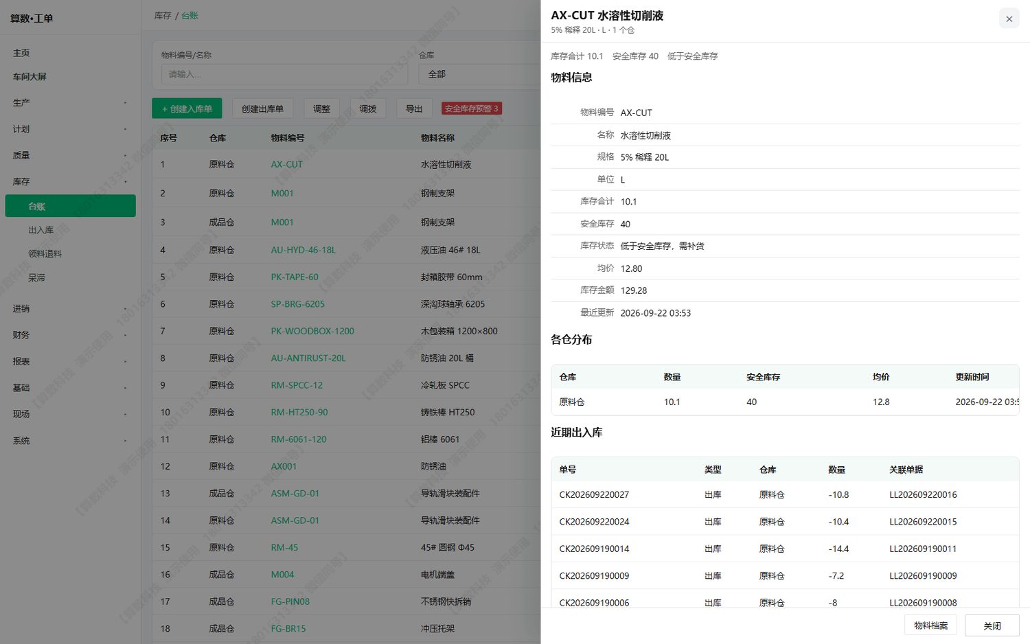 台账明细：各仓分布（数量 / 安全库存 / 均价 / 更新时间）与近期出入库流水