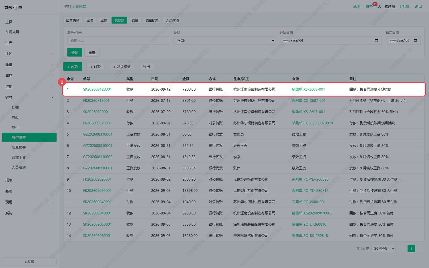 财务 → 收付款：收款（SK）/ 付款（FK）/ 工资发放（GZ）三类流水